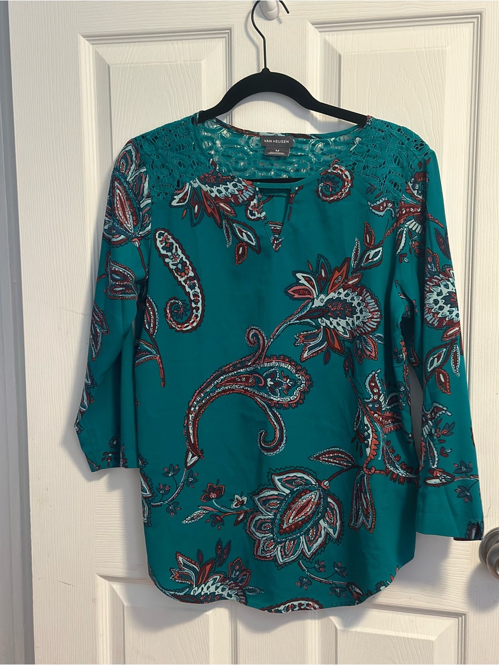 Van Heusen Teal Paisley Crochet-Yoke Top